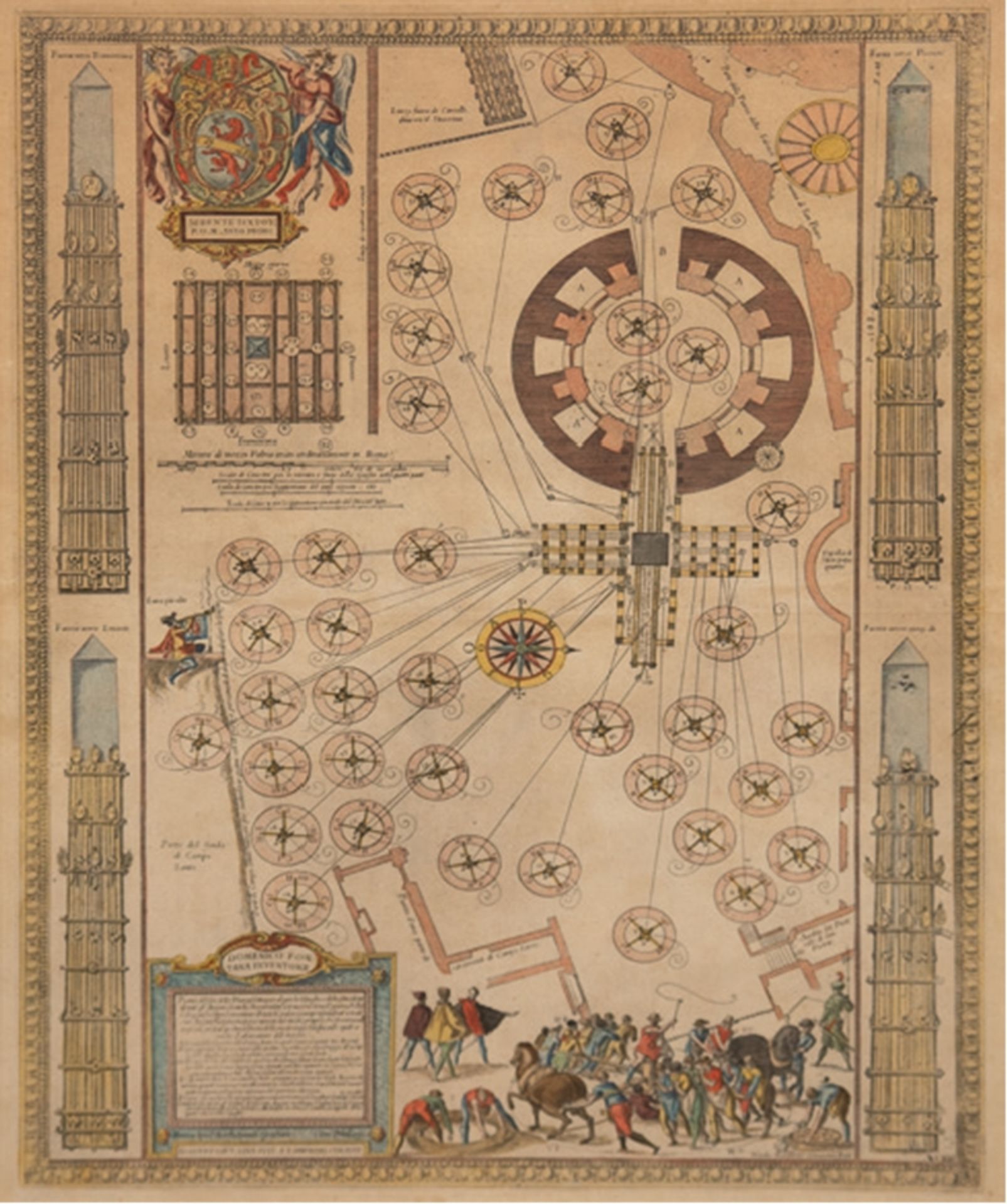 "Aufrichten des Obelisken auf dem Petersplatz im Vatikan im April 1586", kolorierter Stich, 52,5x38