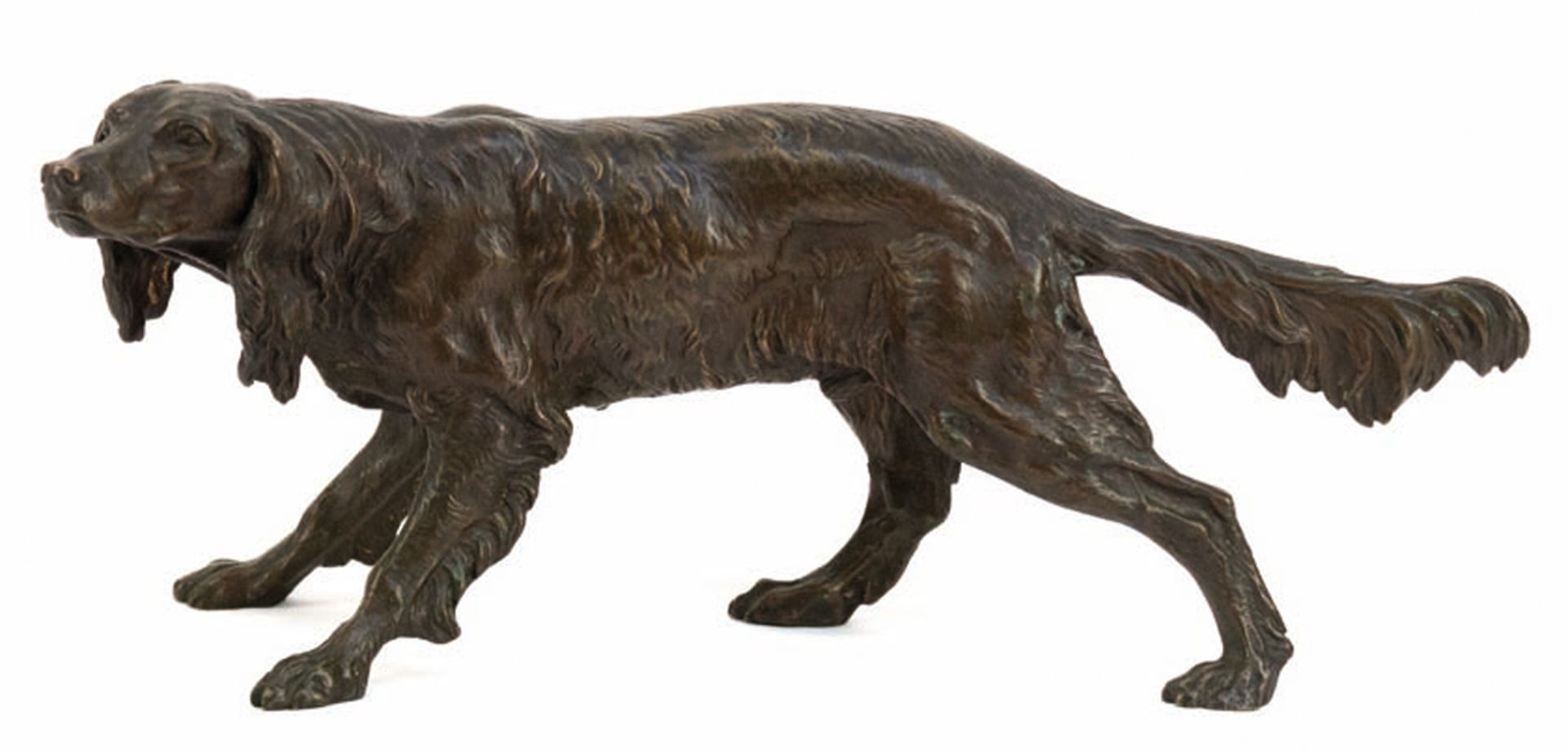 "Jagdhund", Bronze, 1. Hälfte 20. Jh., braun patiniert, unsigniert, H. 13 cm, L. 30 cm