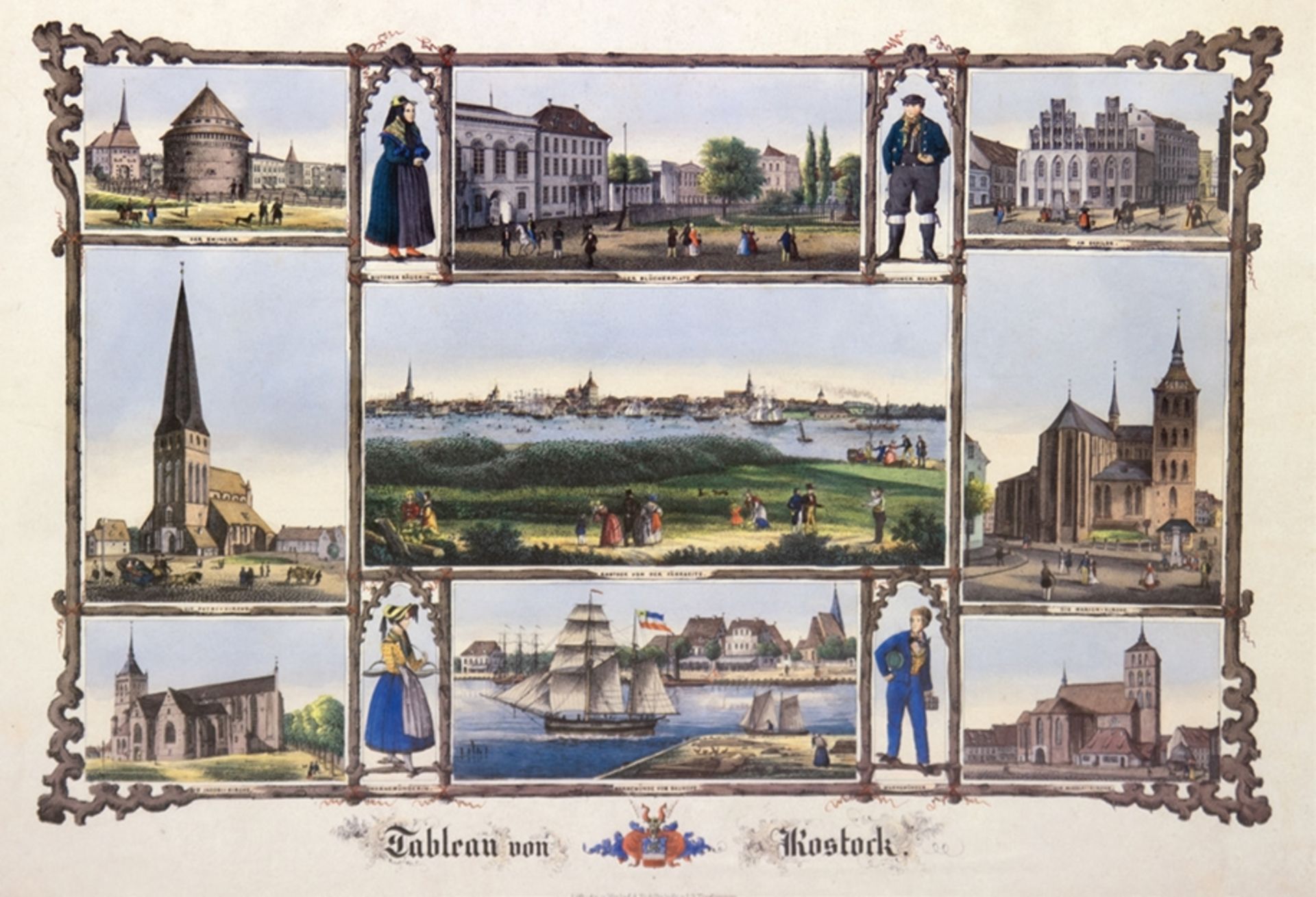 "Tabelau von Rostock", Nachdruck der kolorierten Lithographie der Hof-Steindruckerei von J. G. Tied