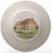 KPM-Teller, Kurland, Spiegel bedruckt mit Ansicht des Schlosses Branitz, Goldrand, Dm. 26 cm