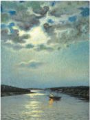 Maler des 20. Jh. "Angler im Boot im Mondlicht", Öl/Lw. auf HF. aufgezogen , unsigniert, Farbverlus