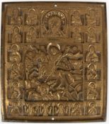 Ikone "Heiliger Demetrios", Rußland 19. Jh., Bronze, reliefierte Darstellung zahlreicher Heiliger, 