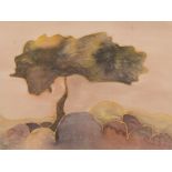 "Landschaft mit Baum", Seidenmalerei, 1950er Jahre, unsign., 20x23 cm, im Passepartout hinter Glas