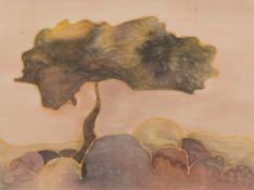 "Landschaft mit Baum", Seidenmalerei, 1950er Jahre, unsign., 20x23 cm, im Passepartout hinter Glas 
