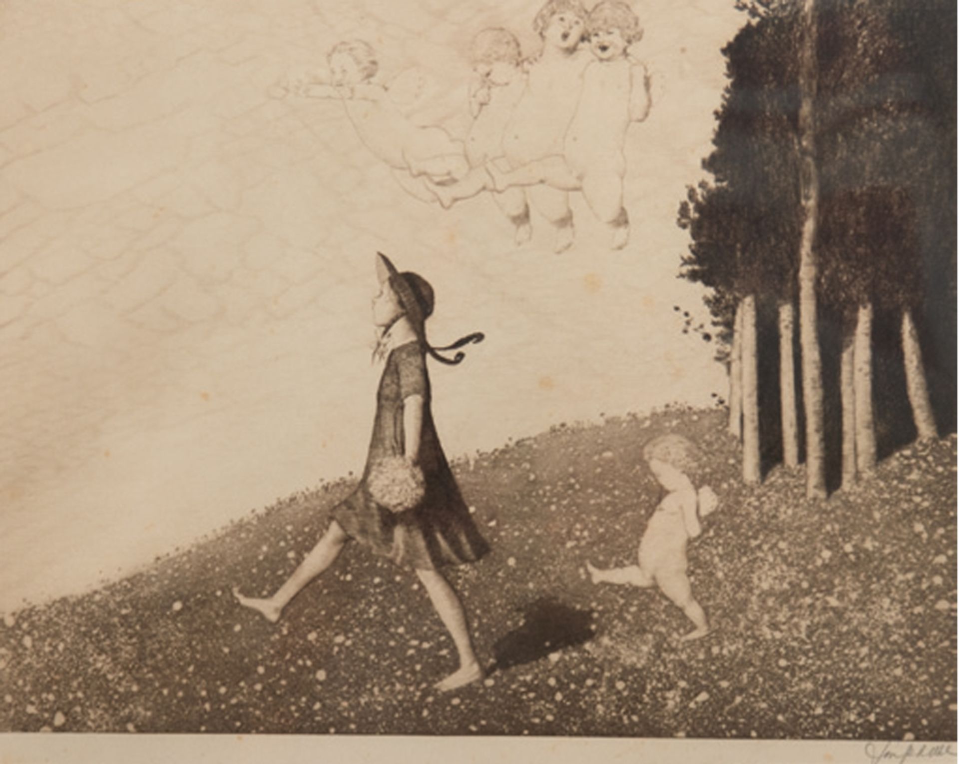 Uhl, Joseph (1877 New York-1945 Bergen im Chiemgau) "Putto und singendes Mädchen mit Blumenstrauß i
