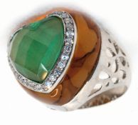 Origineller Ring, 925er Silber, 21,7 g, Bernstein-und smaragdfarbener Achat, weiße Zirkonia, RG 58,