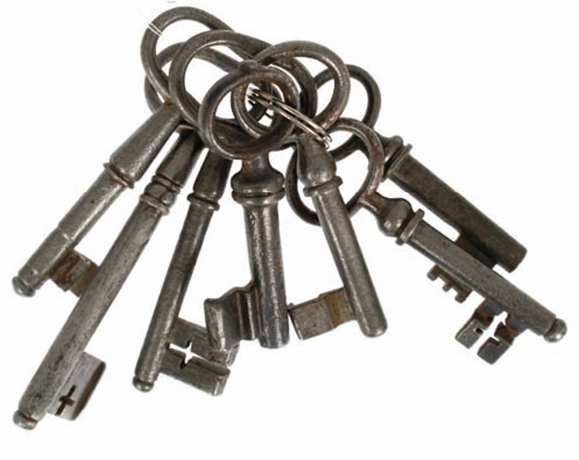 7 Schlüssel, 18./ 19. Jh., Eisen, 5x mit Dorn und 2x mit Hohldorn, L. 7 cm-10,5 cm