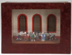 Diorama "Prägen von Münzen im 18. Jh.", 20. Jh., Holzkasten mit Glasfront, innen 9 flache Zinn-Figu