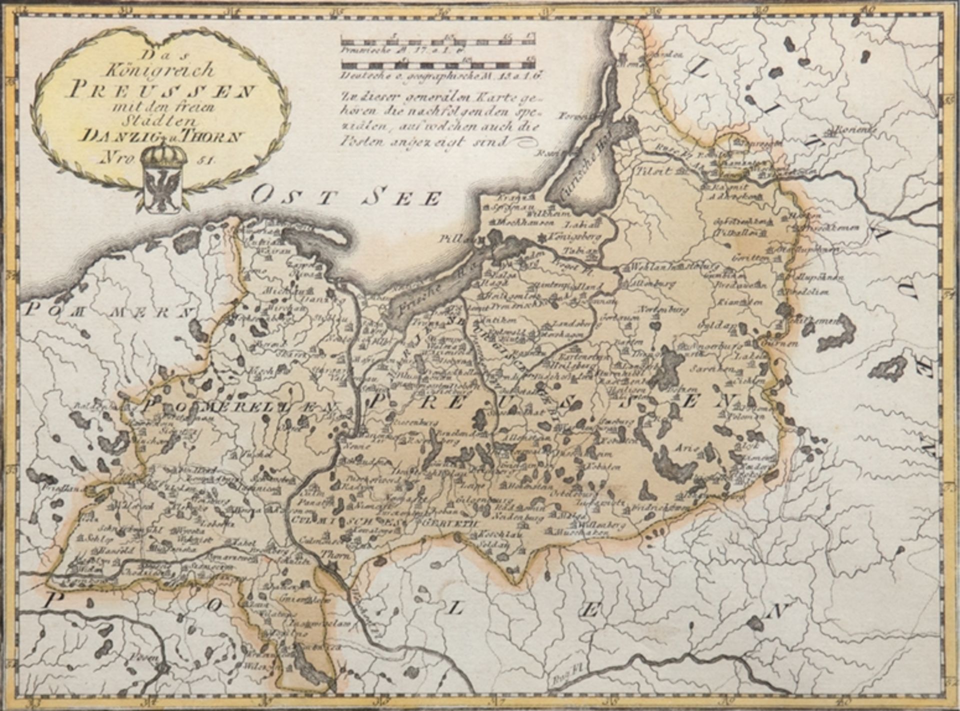Karte "Das Königreich Preussen mit den freien Städten Danzig u. Thorn", kolorierter Stich, 27x34 cm