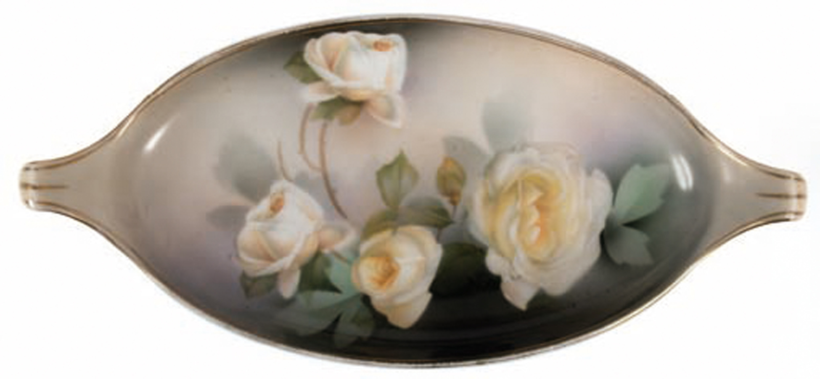 Jugendstil-Konfektschälchen, R+S, Suhl, mit Rosendekor, 2 kl. Handhaben, L. 25 cm, H. 2,5 cm