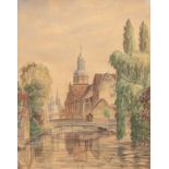 Heuberger-Laporte, L. (20. Jh.) "Stadt mit Kirche am Fluß", Aquarell, sign. u.r., 40x30 cm, hinter