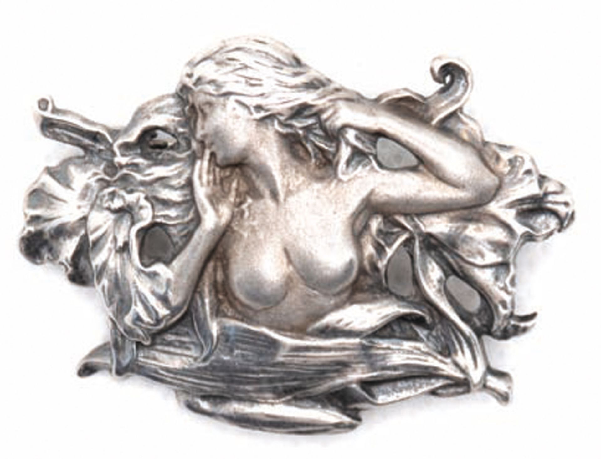 Brosche/Anhänger im Jugendstil, 925er Silber, mit Darstellung eines blütenumrankten jungen Mädchens