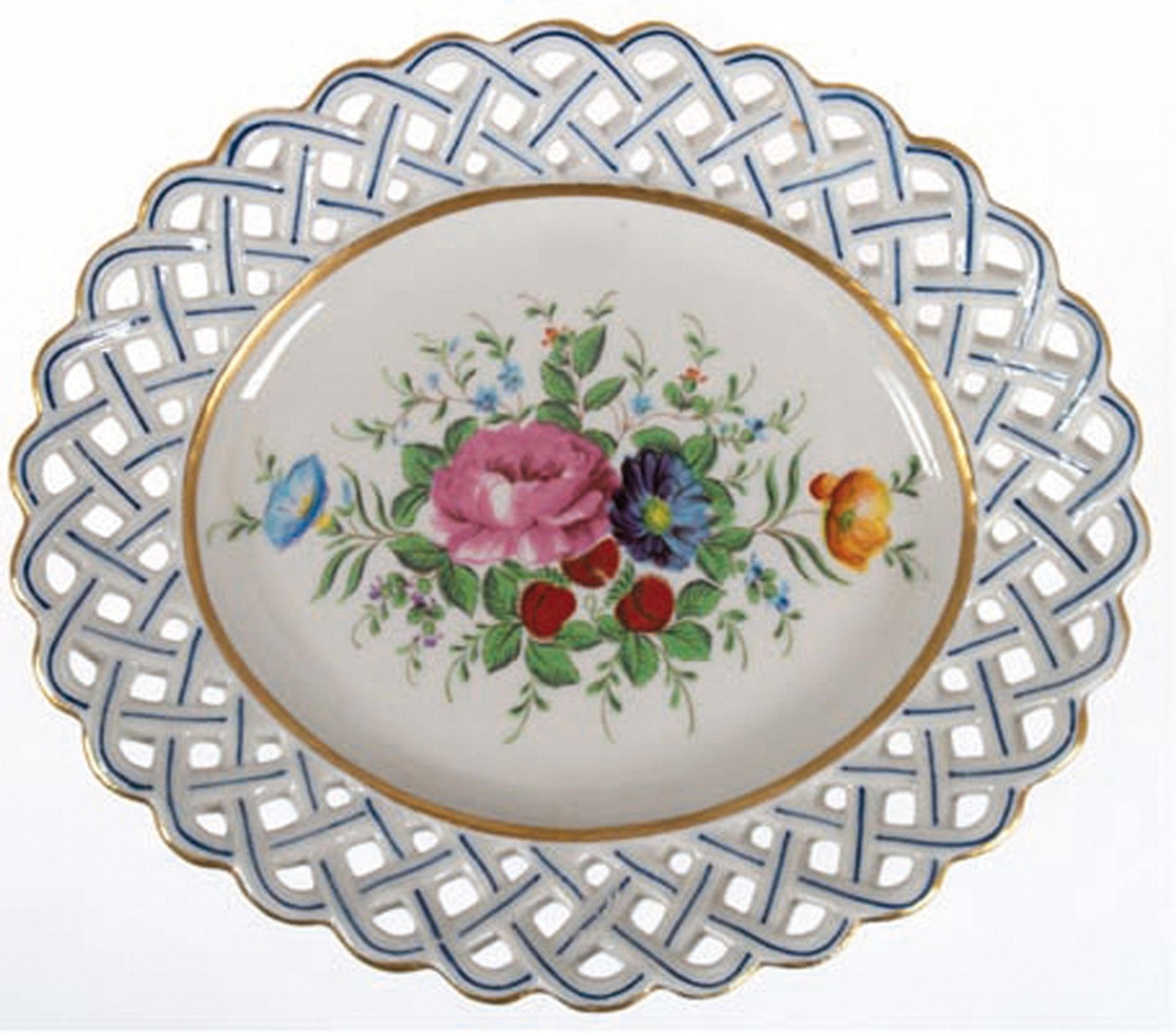 Ovale Platte mit durchbrochenem Korbrand, Sevres, Modéle, et décoration exclussive á la main, polyc