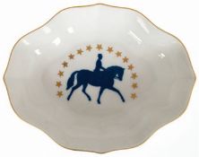 Meissen-Schälchen, blauer Reiterdekor mit goldenen Sternen, Aquatinta, Goldrand, Vierpaßform, 1. Wa