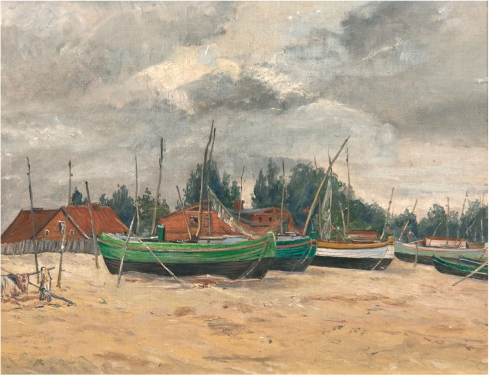 Kühnen, Th. "Fischerboote am Strand bei Brösen", Öl/Lw./Pappe, rückseitig bez., 39x45 cm, Rahmen