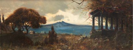 Italienischer Maler um 1900 "Golf von Neapel mit Blick auf rauchenden Vesuv", Öl/Mp., unsigniert, e