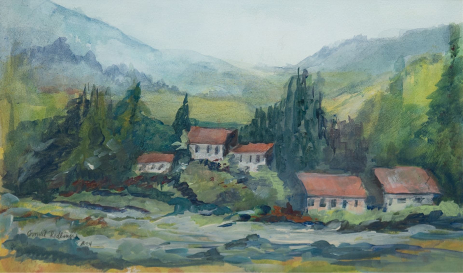 Redlinger, Christel "Berglandschaft mit Gebirgsbach", Gouache, sign. u.l. und dat. 2004, 30x46,5 cm