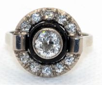 Art-Deco-Ring,  585er WG, besetzt mit zentralem Altschliffdiamant von 0,8 ct, gerahmt von schwarzem