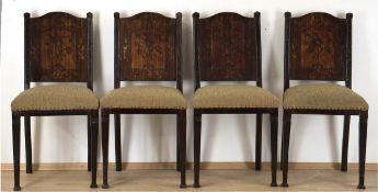4 Stühle, um 1900, mahagonifarben, intarsierte Rückenlehne mit Floral- und Vogelmotiven, gepolstert