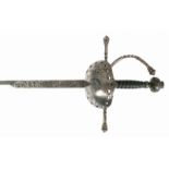 Spanisches Schwert, Toledo, verzierte Stahlklinge und -gefäß, Ledergriff mit Drahtwicklung, 2-schne
