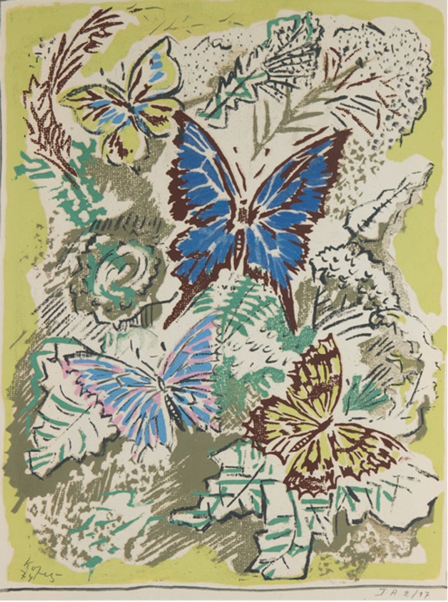 Usedomer Künstlerin "Stilleben mit Schmetterlingen", Grafik, 2/17, undeutl. sign. u. dat. '74 u.l.,