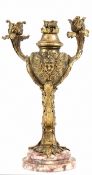 Barock-Leuchter, Bronze, 2-flammig, über Marmorsockel geschwungener Schaft mit Blattrelief, darüber