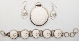 Set, 3-teilig, 925er Silber, Muschel Shiva Auge, bestehend aus Armband mit 5 Muschelgliedern, L. 21