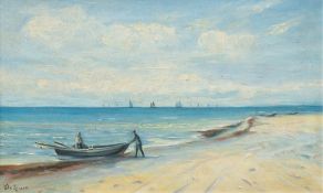 Larsen, Christian (Maler um 1900) "Fischerboot am Strand", Öl/ Lw., sign. u.l., 32x50 cm, Rahmen