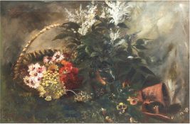 Maler Anfang des 19. Jh. "Stilleben mit Blumenkorb", Öl/Lw., doubliert, unleserl. sign. und datiert