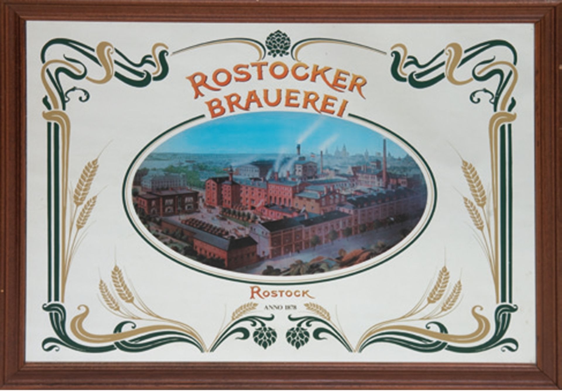 Werbeschild "Rostocker Brauerei Anno 1878", Darstellung aus Vogelperspektive auf Spiegel, 40x57 cm,