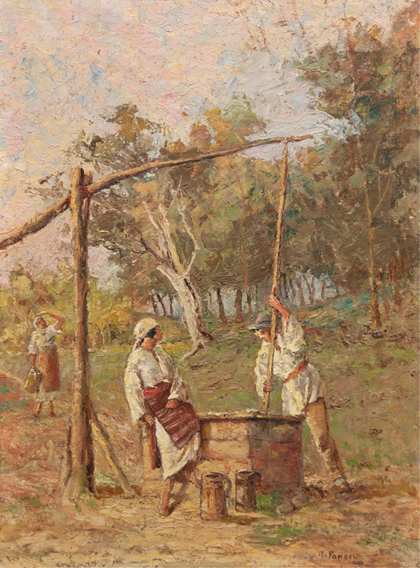 Maler um 1890 "Am Ziehbrunnen", Öl/Lw., undeutl. sign. u.r., 70x50 cm, Rahmen