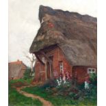 Hoffmann-Fallersleben, Franz (1855 Weimar-1927 Berlin) "Heidekaten mit Bauerngarten - um 1910", Öl/