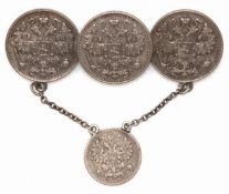Brosche aus russischen Kopeken Münzen, Silber, 3x15 Kopeken Münzen (1913, 1914, 1915) verlötet (Sil