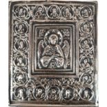 Ikone, 19. Jh.,, Holz mit reliefiertem, versilbertem Oklad mit zahlreichen Heiligendarstellungen, 1