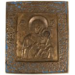 Ikone "Gottesmutter von Trichwin", Rußland, 19. Jh., Bronze, reliefiert, Reste blauer Emaillierung,
