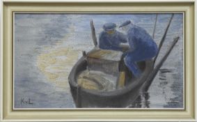Monogrammist KvL "Ostseefischer", Öl/Lw., monogr. u.l., 40x70 cm, Rahmen