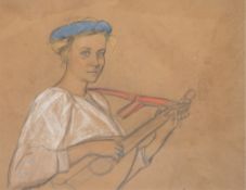 Büchsel, Elisabeth (1867-1957 Stralsund) "Junge Frau beim Gitarre spielen", Mischtechnik, unsign., 