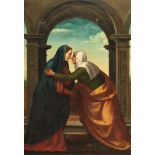 Maler 1. Hälfte 19. Jh. "Besuch der Madonna bei der Heiligen Elisabeth", Öl/Lw., unsign., 2 kl. Hin