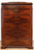 Biedermeier- Chiffoniere, sogen. 7-Tage Kommode, Mahagoni furniert auf Weichholz, seitl. 2 Säulen m