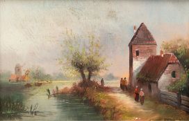 Holländischer Meister des 19. Jh. "Kanallandschaft mit Häusern und Personenstaffage", Öl/Holzpanel,