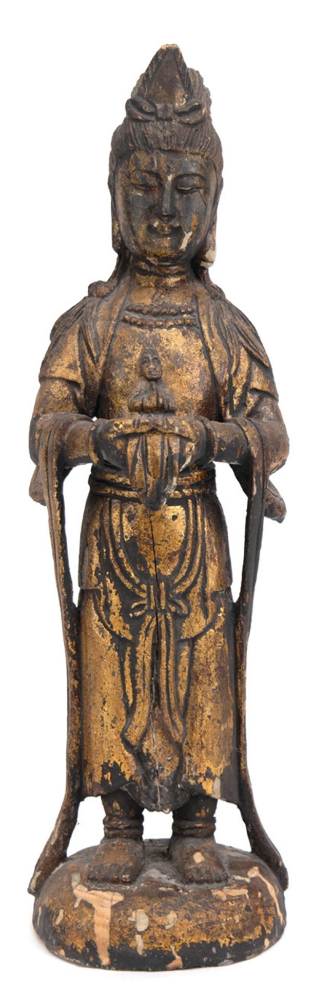 Figur "Buddhistische Gottheit", Holz geschnitzt, auf rundem Stand, goldfarben gefasst, am Stand und