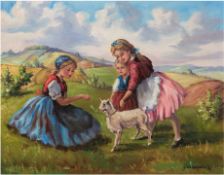"Kinder mit Lamm auf der Sommerwiese", Öl/Lw., undeutl. sign. u.r., 51x61 cm, Rahmen