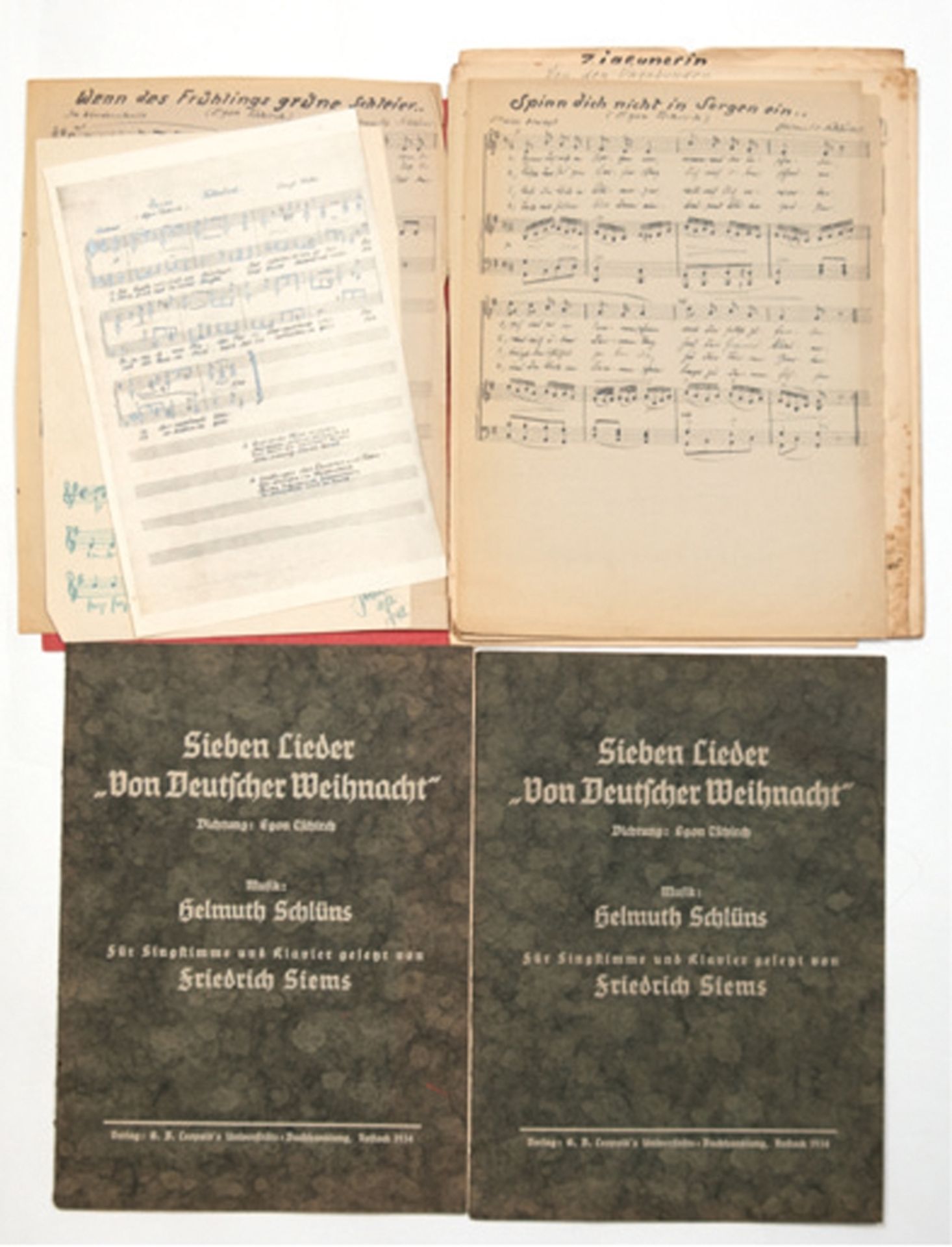 13 Original Notenblätter/ Partituren sowie 3 Liederhefte  mit Texten und Gedichten von Egon Tschirc