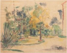 "Parklandschaft", Pastell/Papier, undeutl. sign. u.r., Knickfalten, am unteren Rand leicht besch., 