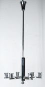 Art-Deco Lampe, verchromtes Metall, am 6-kantigem Schaft 3 gerundete Leuchterarme mit je 2 Fassunge
