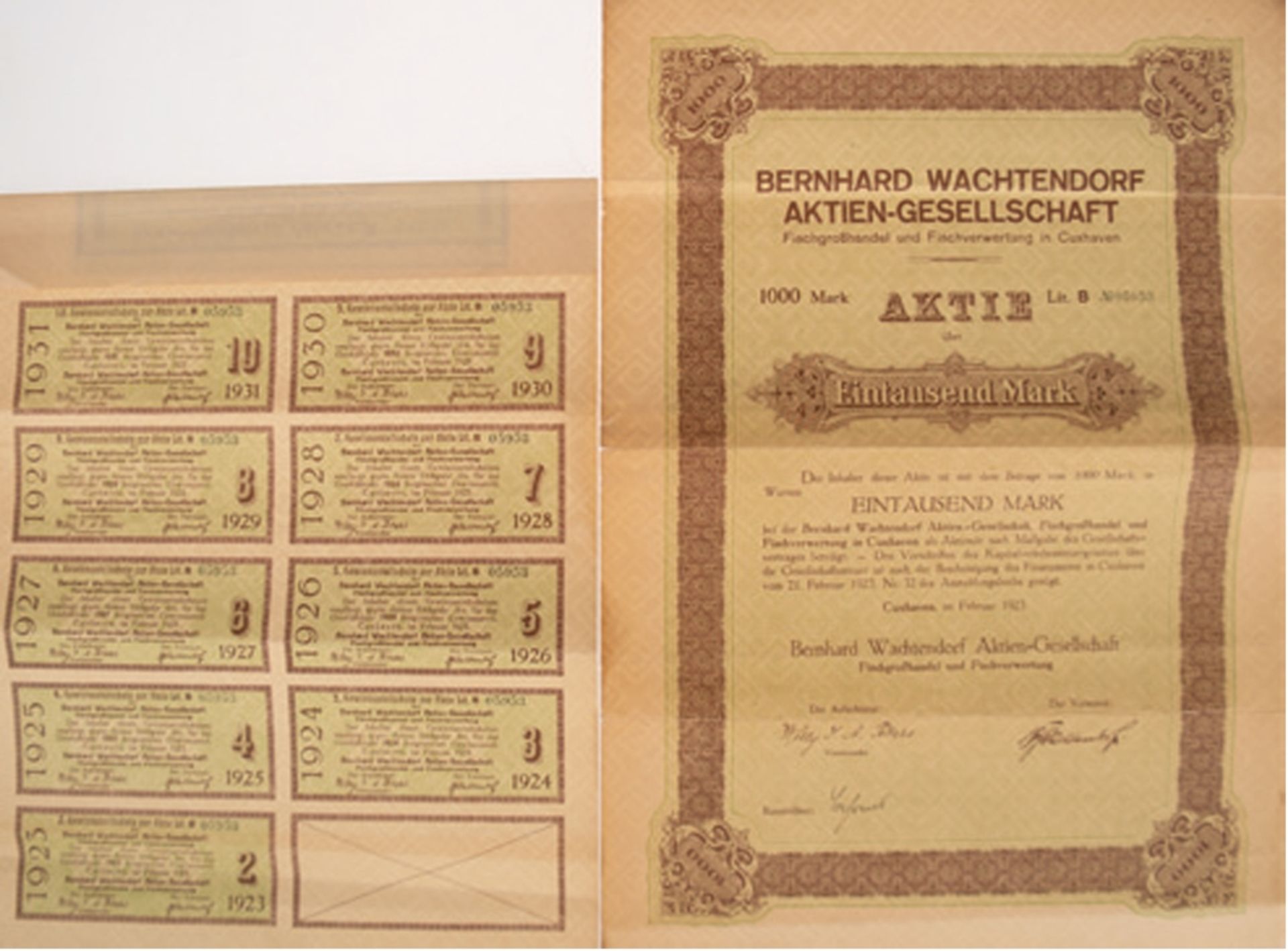 1 Aktie Bernhard Wachtendorf AG, 1000 Mark, Cuxhaven Februar 1923, knickfaltig und an den Rändern b