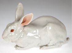 Porzellanfigur "Hase", B&G, weiß, Nr. 1/1597, 1 Ohr repariert, H. 10 cm, L. 16 cm