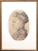 "Damenporträt", Zeichnung um 1900, undeutl. sign. u.l., 18,5x12,5 cm, im ovalen Passepartout hinter