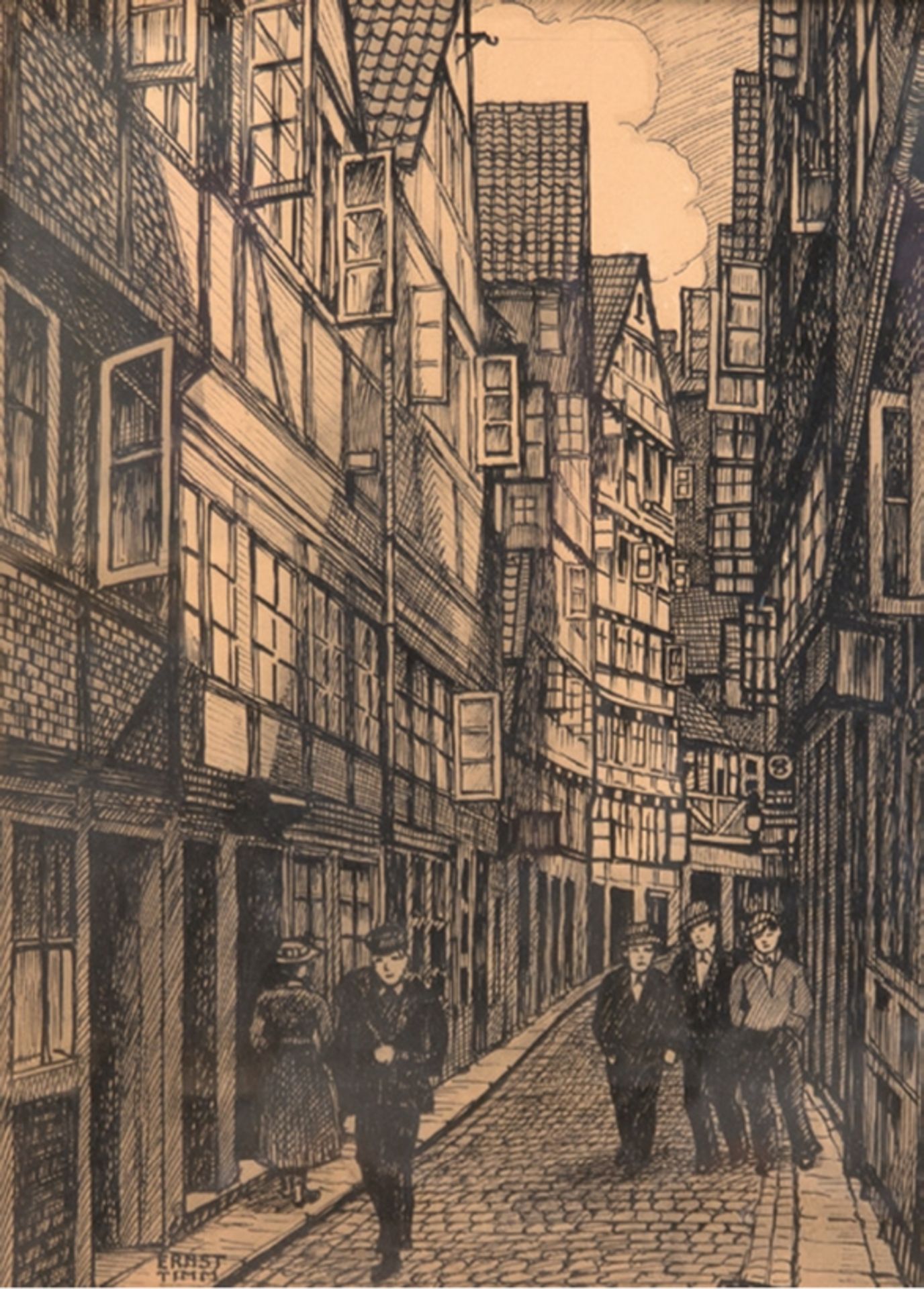 Timm, Ernst (Hamburger Künstler um 1920) "Hamburger Altstadt", Holzschnitt, 31,5x21,5 cm, im Passep