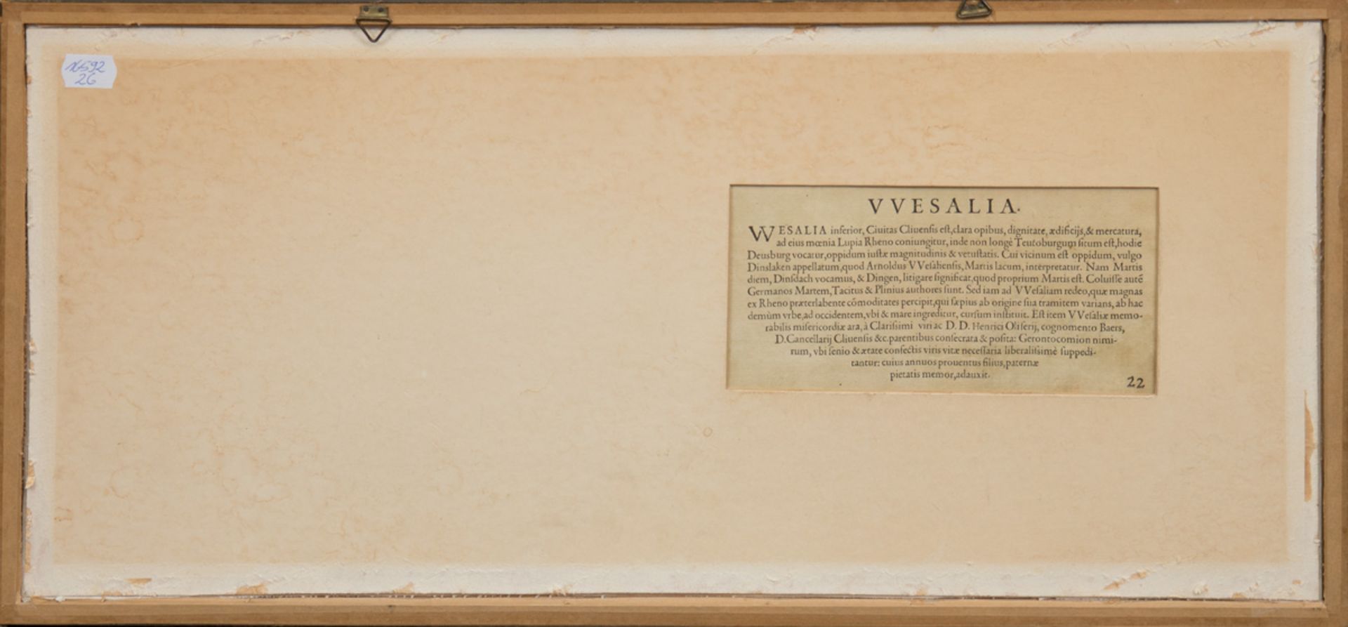 Altkolorierter Kupferstich "Wesalia Inferior-Ansicht von Wesel", rückseitig lateinischer Text, Gebr - Bild 2 aus 3